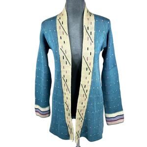 Mai-Anju Open Cardigan Sweater Women's XS/Small* Blue Tan Shawl Neck Cottage VTG